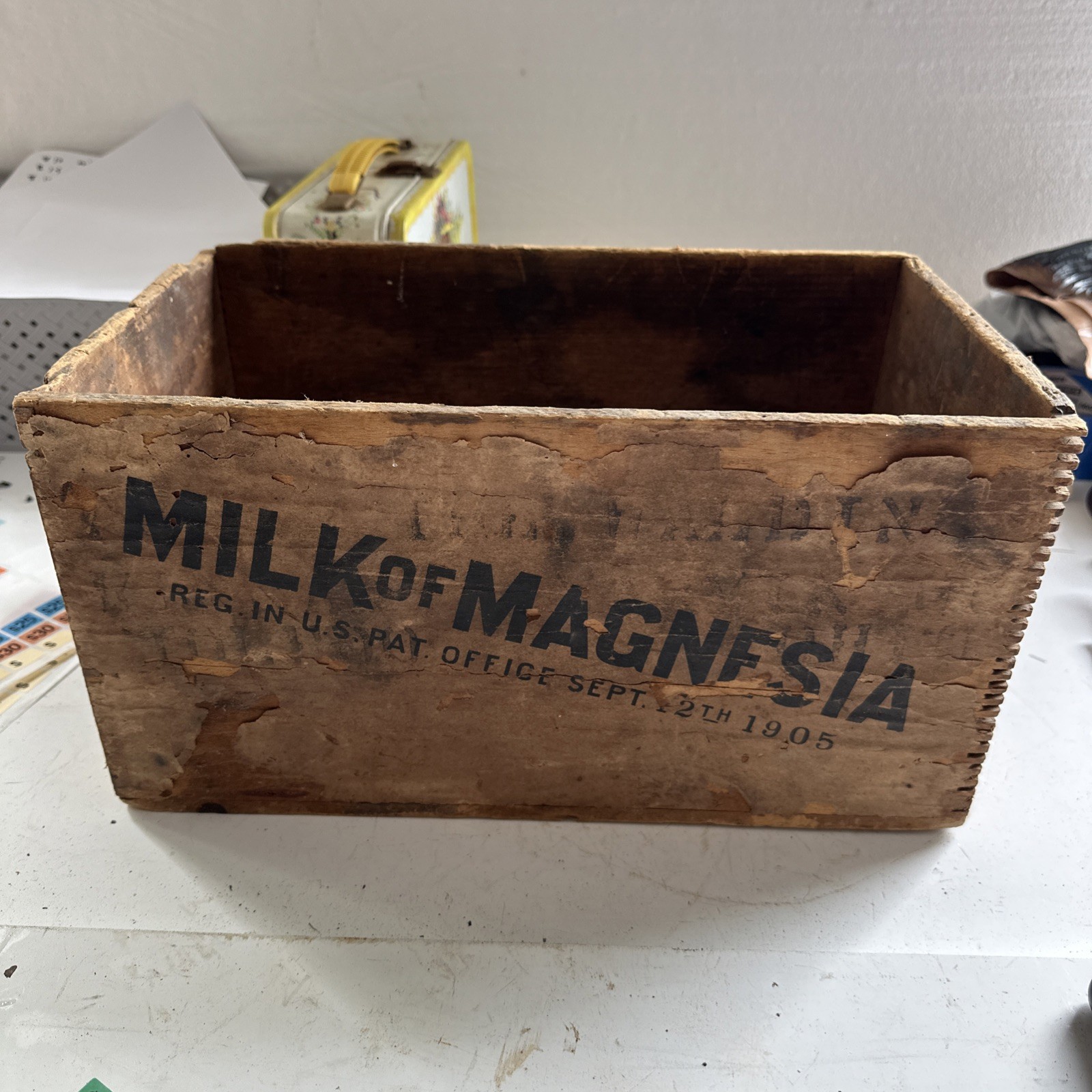 Vintage Wooden Shipping Crate Advertising Box Milk of Magnesia 1905 Glenbrook 