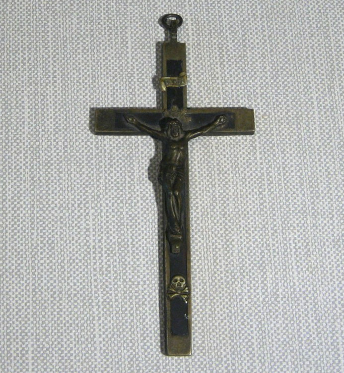 ANTIQUE PECTORAL METAL CROSS SILVER EBONY  INLAY CRUCIFIX SKULL & CROSSBONES 7”