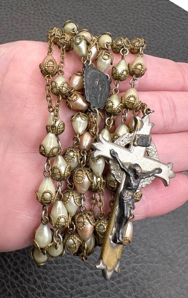 Vintage Faux Pearl Rosary Necklace Crucifix Pendant Brass Tone