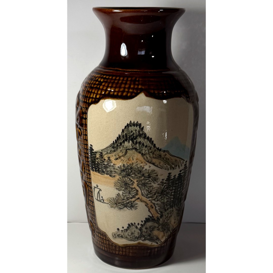 Vintage Chinese Ceramic Vase Hand Painted Mountain Pine Floral Glazed MCM Decor