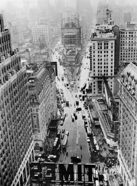 High angle view looking north rainy Times Square top Times Tower i- Old Photo
