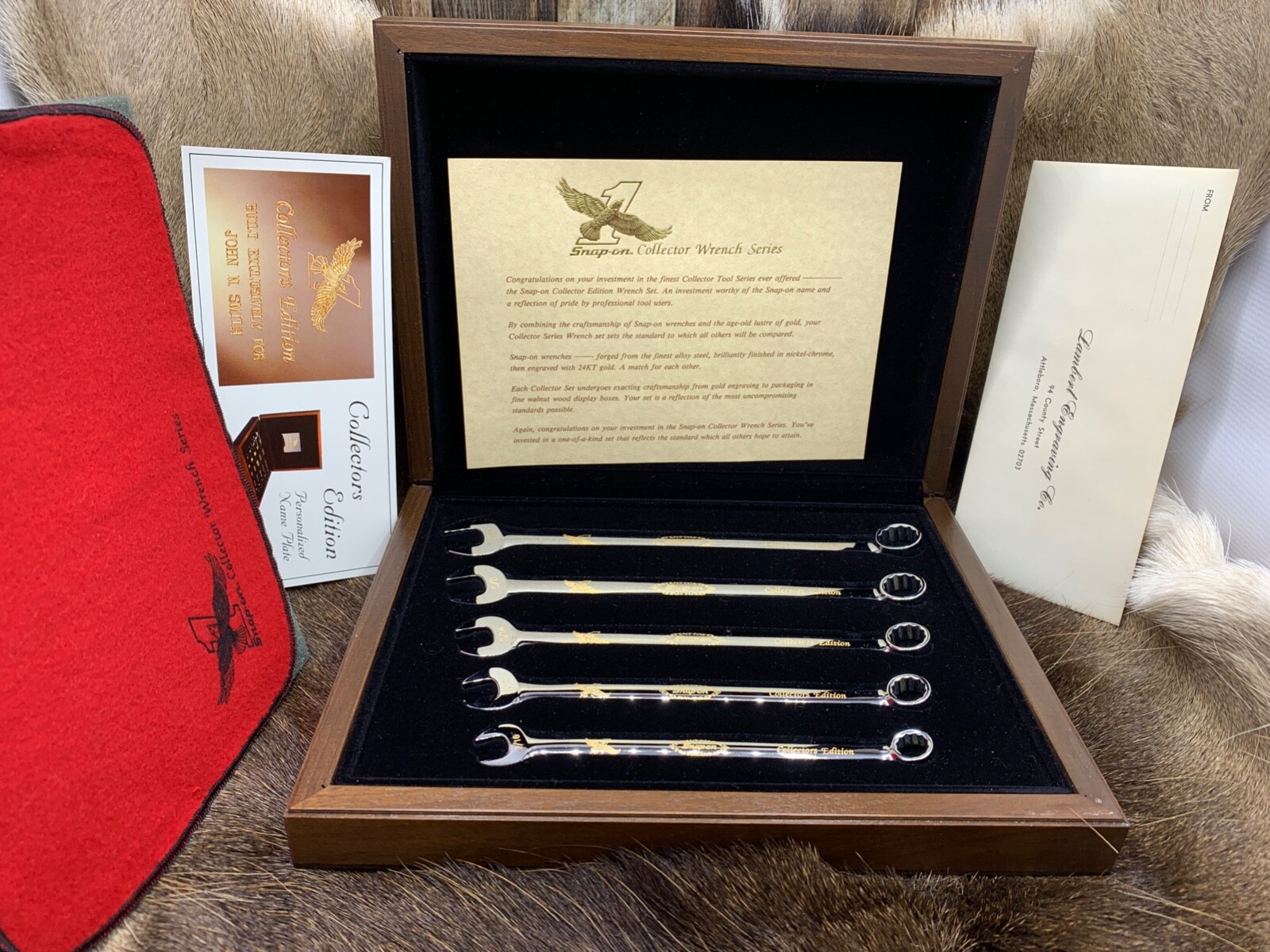 Snap-On 24kt. Gold Engraved Collector 5 Piece Wrench Set In Walnut Case Pristine