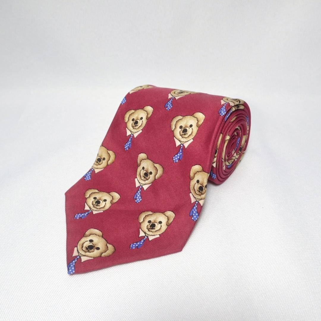 Polo Ralph Lauren Polo Bear Silk Tie Burgundy Allover Print Handmade Vintage
