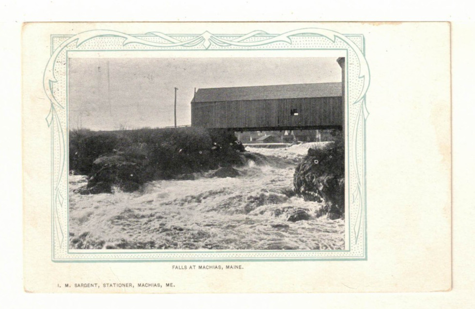 1905 UDB PC: Covered Bridge Over the Falls at Machias, Maine
