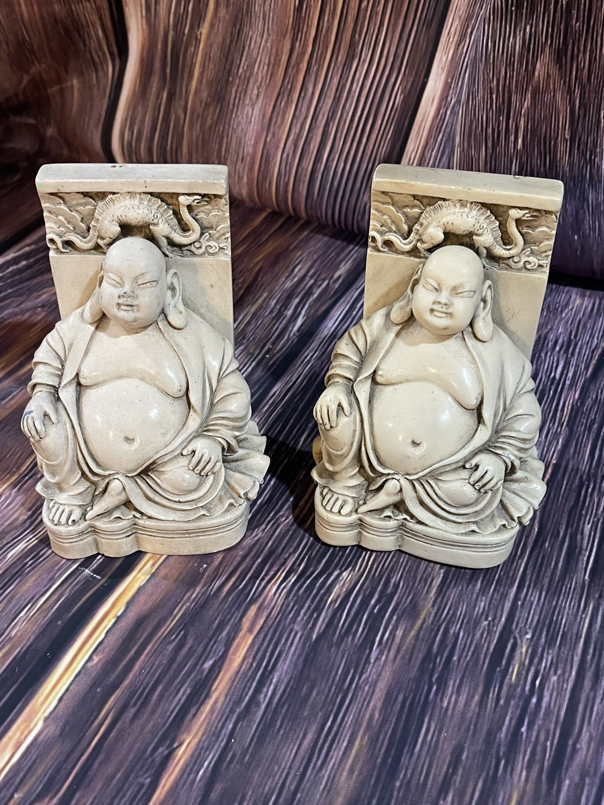 Vintage Hand Carved Stone Laughing Buddha Bookends Collectible Excellent shape