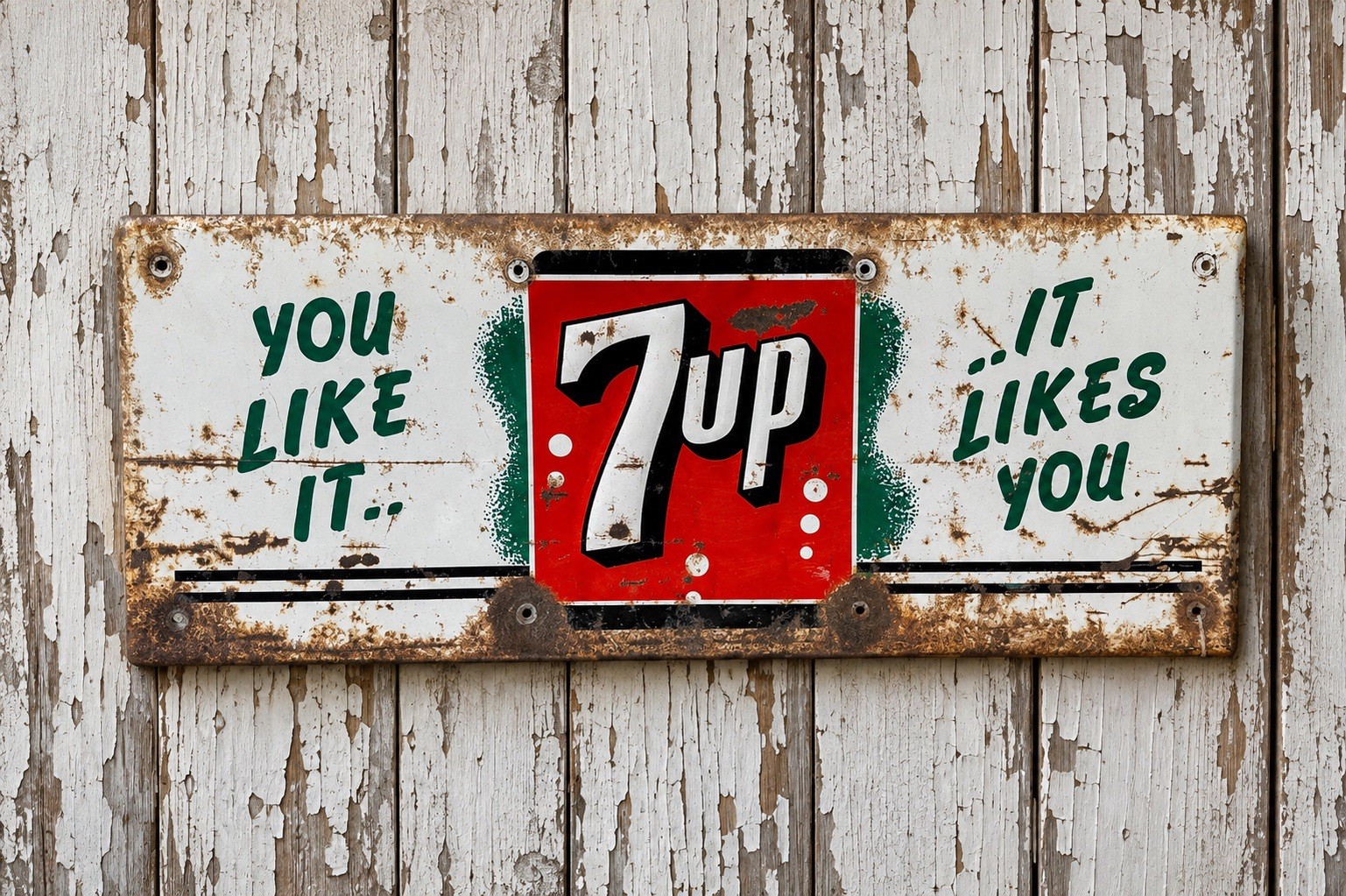 Vintage 7 Up Single Sided Tin Sign From 1950s You Like It It Likes You 7up