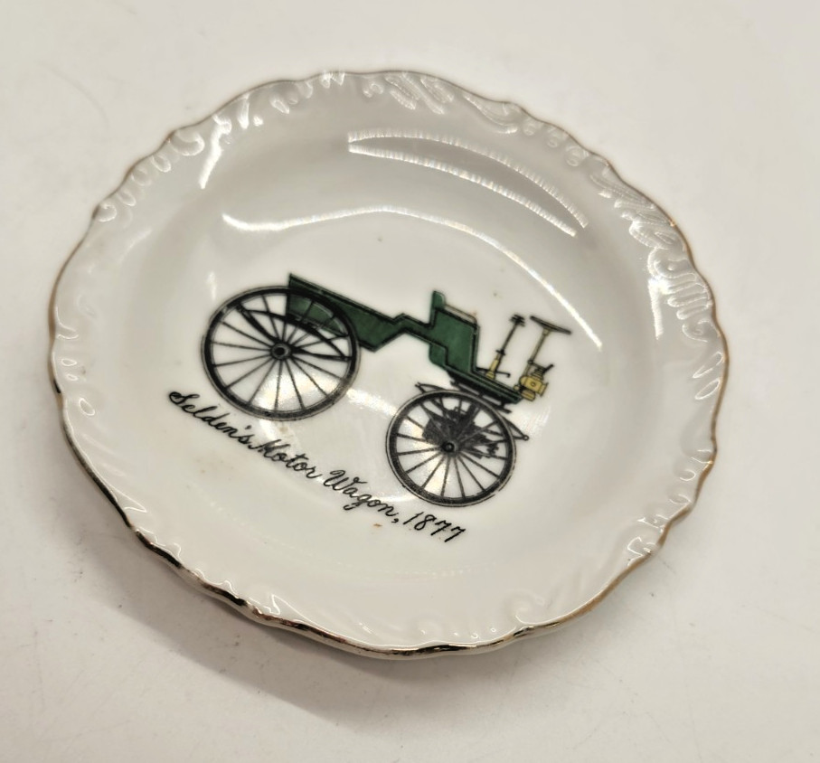 Vintage Japan Porcelain Mini Dish Selden’s Motor Wagon 1877 Gold Trim Trinket...