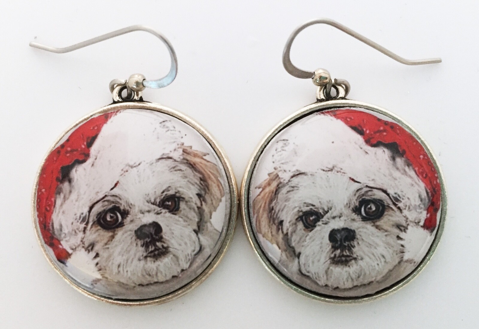 Santa Shih Tzu Dog Breed Original Art Christmas Earrings