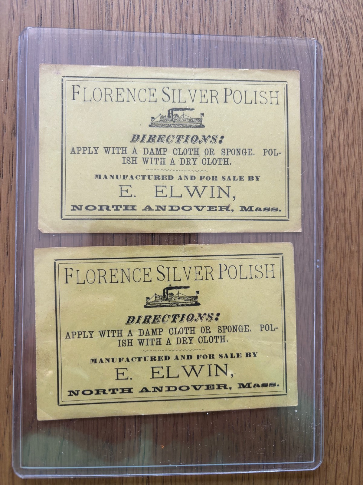 2 ORIGINAL advertising labels NORTH ANDOVER MA. FLORENCE SILVER POLISH E. ELWIN