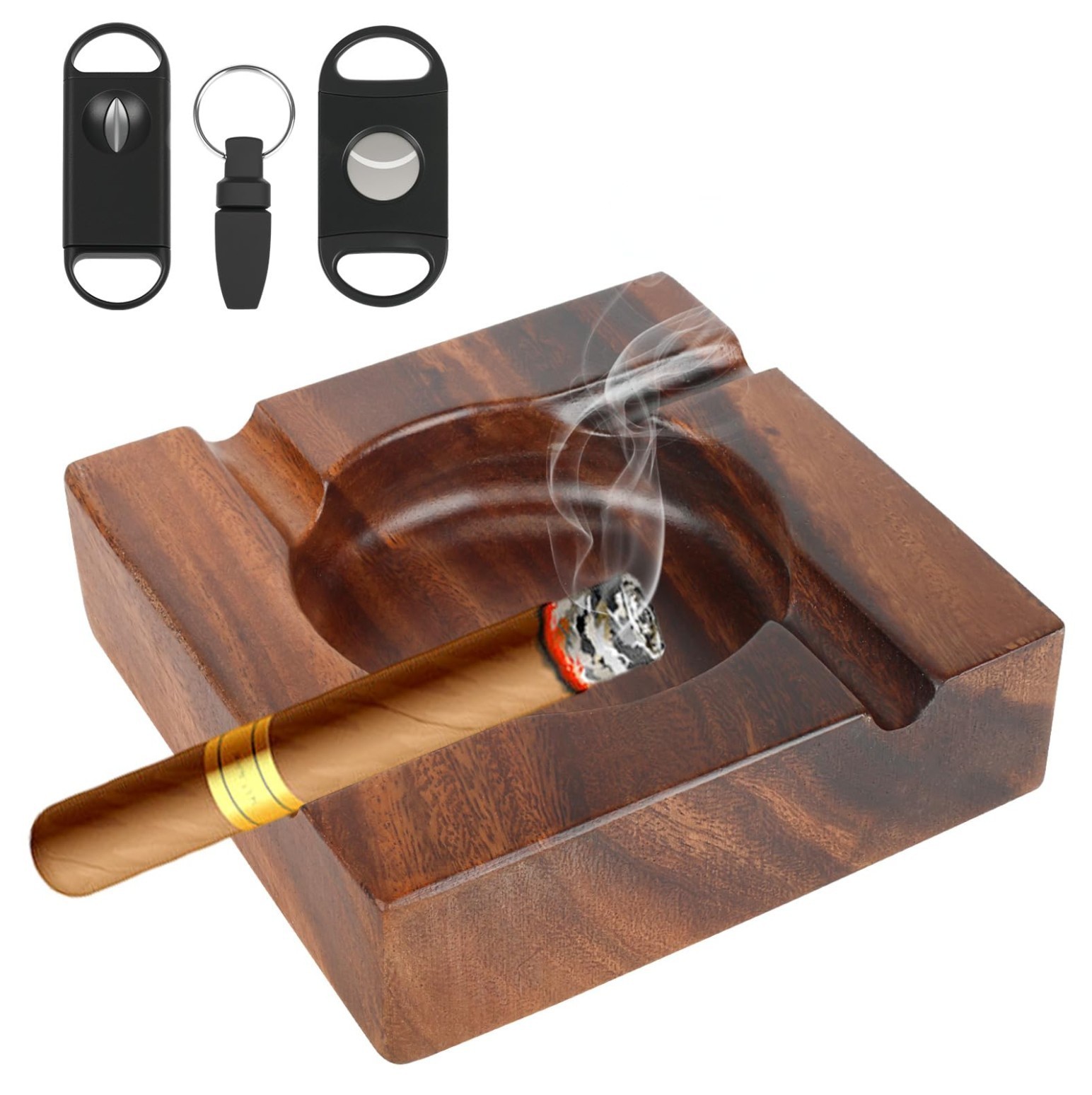 Premium Extra Large Wooden Cigar Ash Tray with 3 Cigar Cutter set, Cigarette