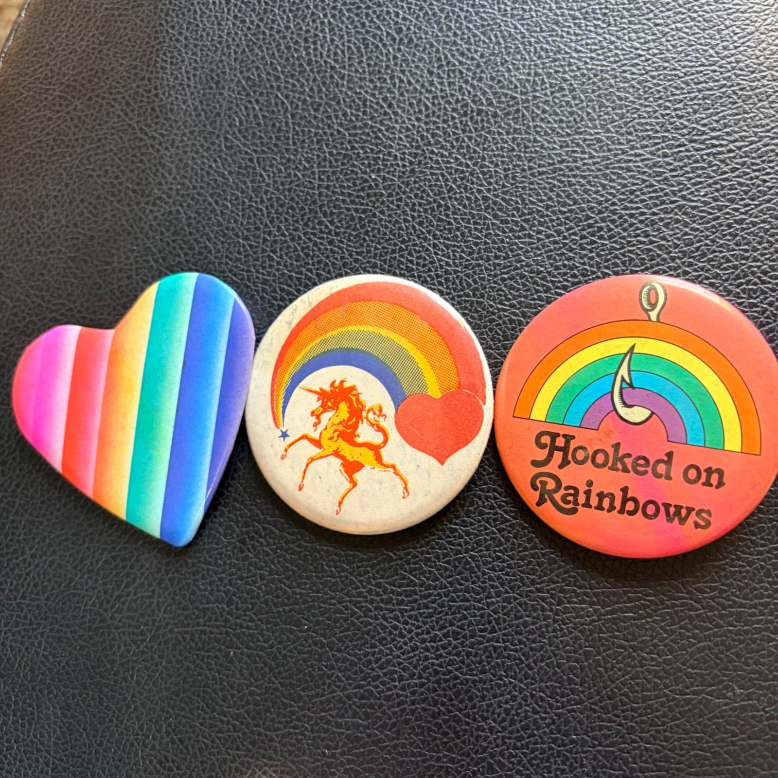 Vintage 80s Rainbow Pin Lot 1983 Sanrio Heart Unicorn Hooked on Rainbows Buttons