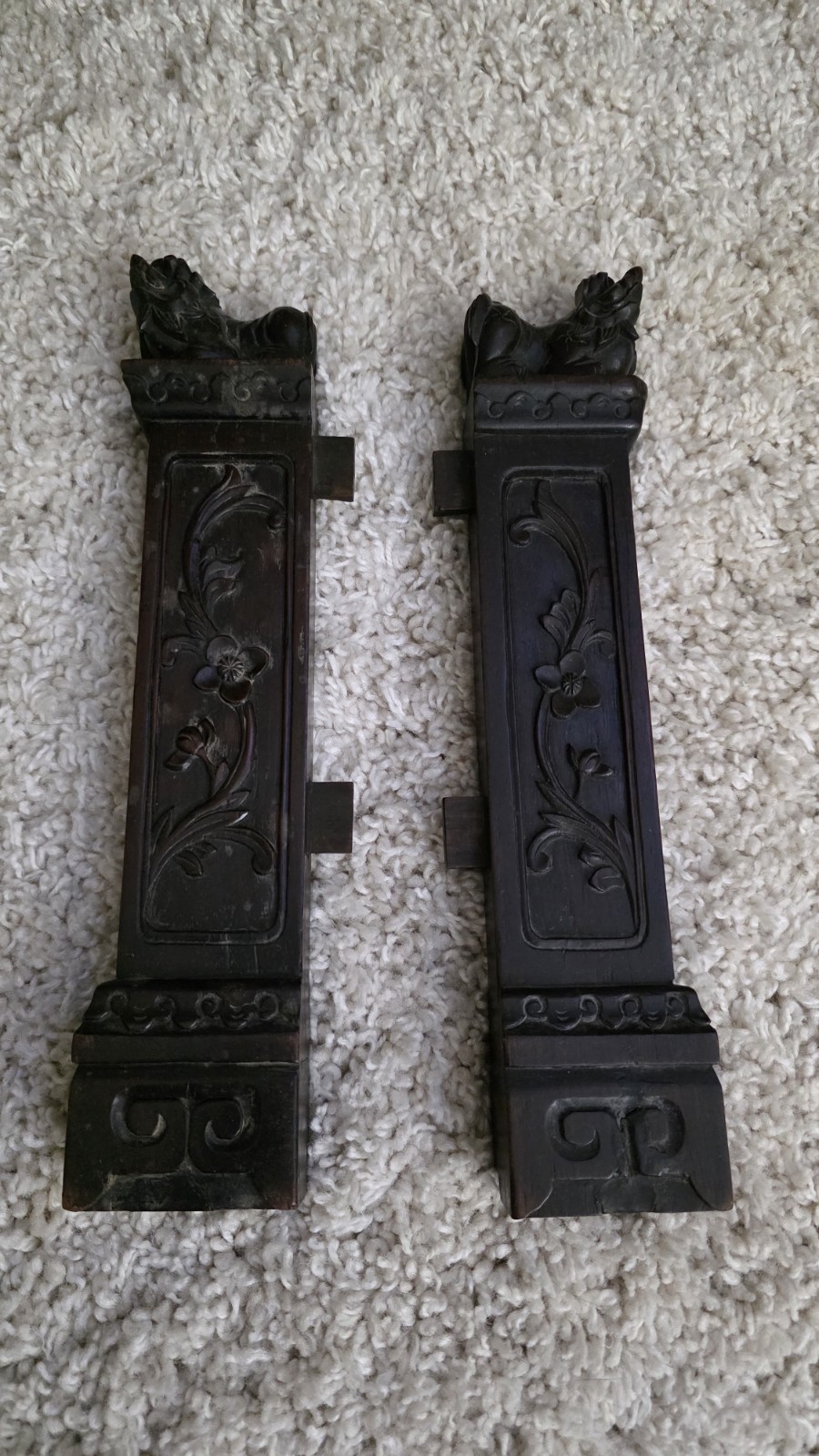 Pair Vintage Chinese Style Carved Wood Foo Dog Architectural Panels 13