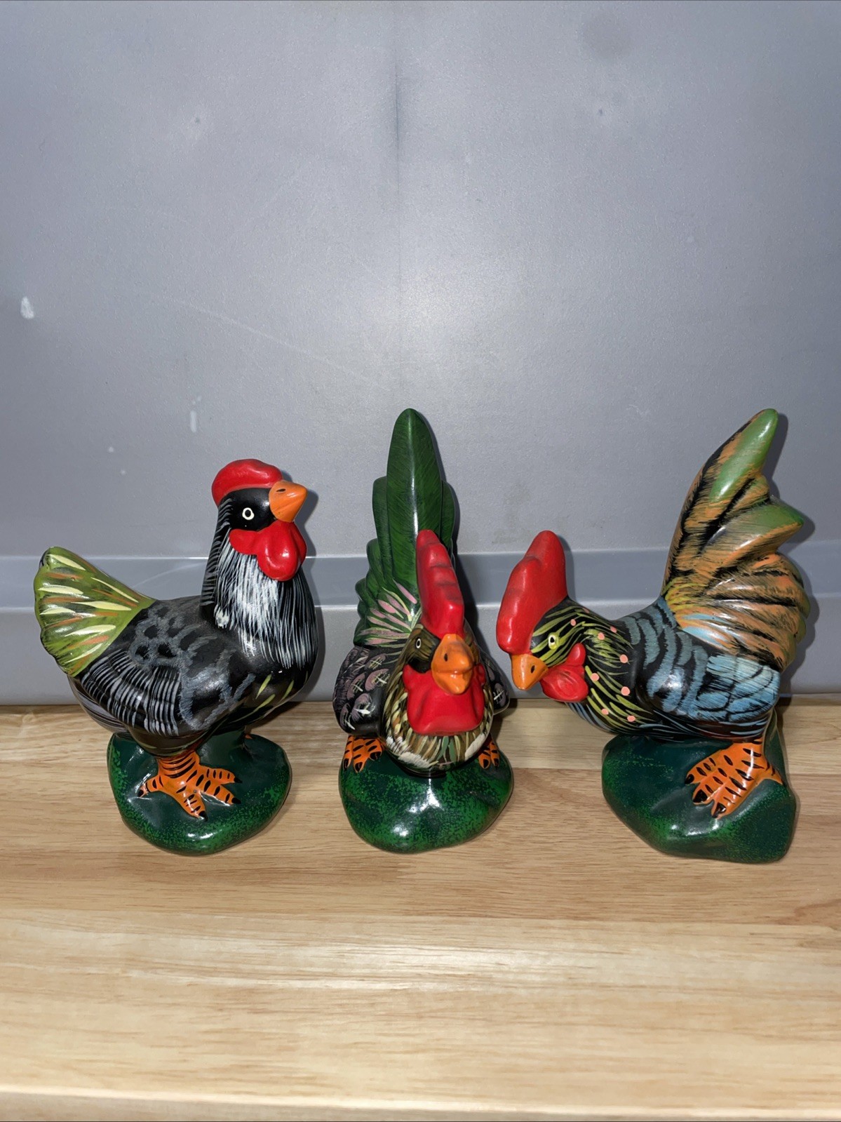 Vintage Hand Painted Ceramic Rooster and Hen Lot X3 Figurines Farmhouse Country