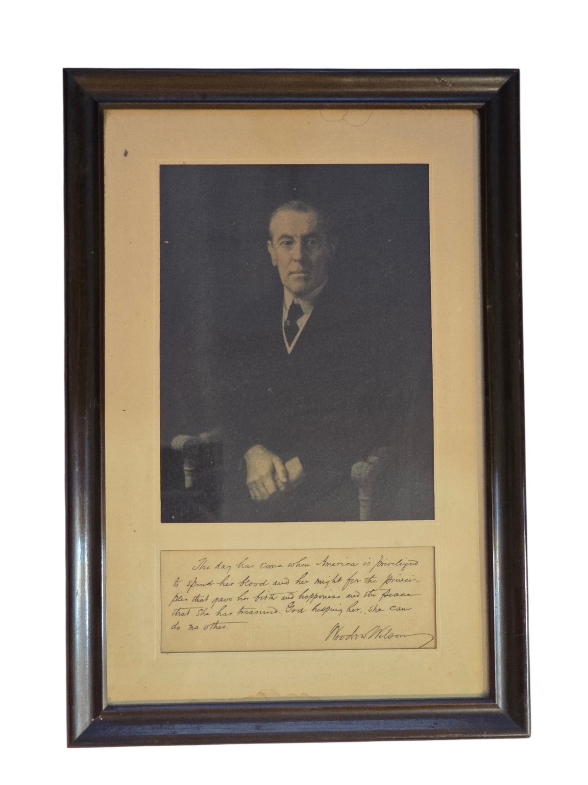Antique Woodrow Wilson WWI Portrait Facsimile Signature Quote Framed 1917 Era