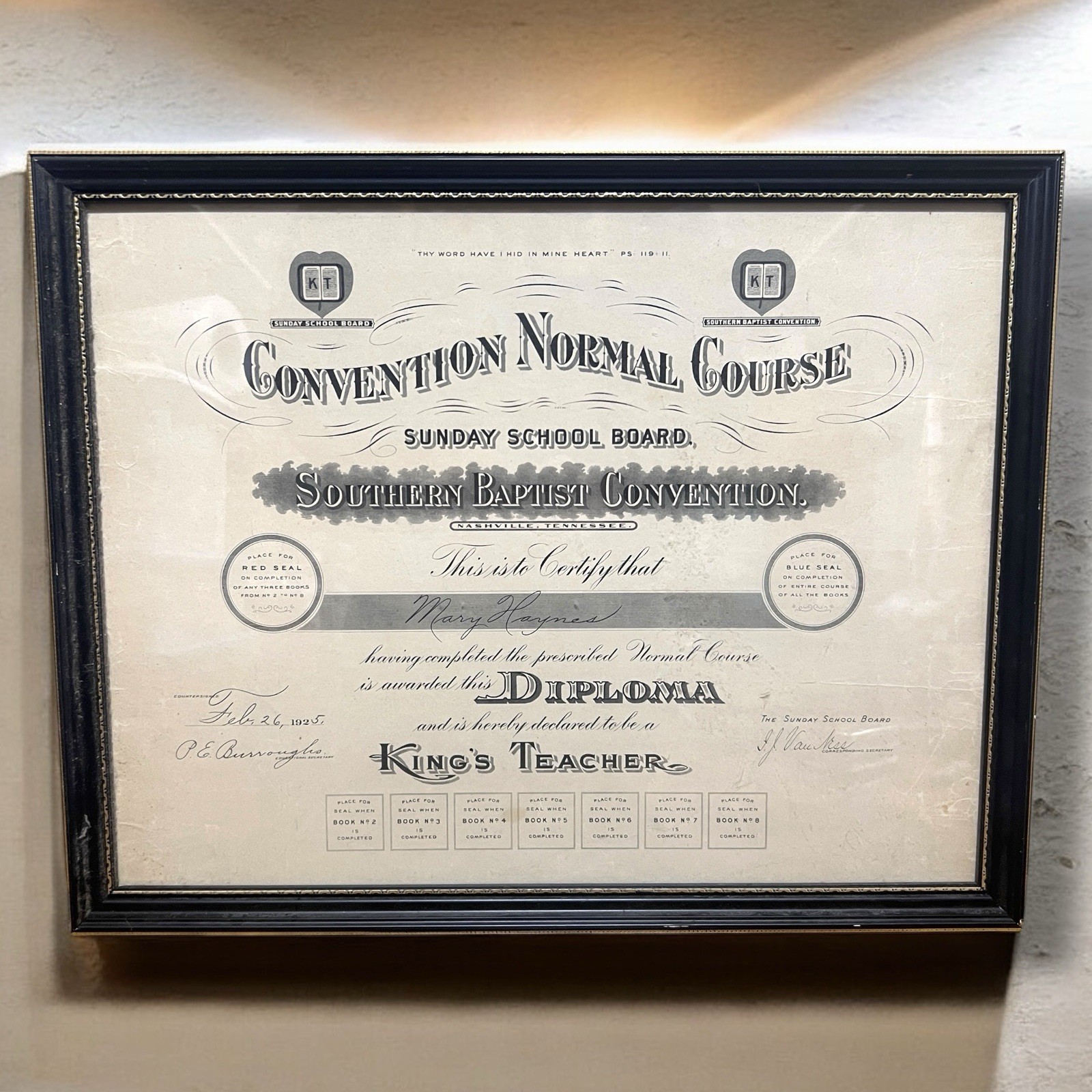 1925 Southern Baptist Convention “King’s Teacher” Diploma Framed Religious Item