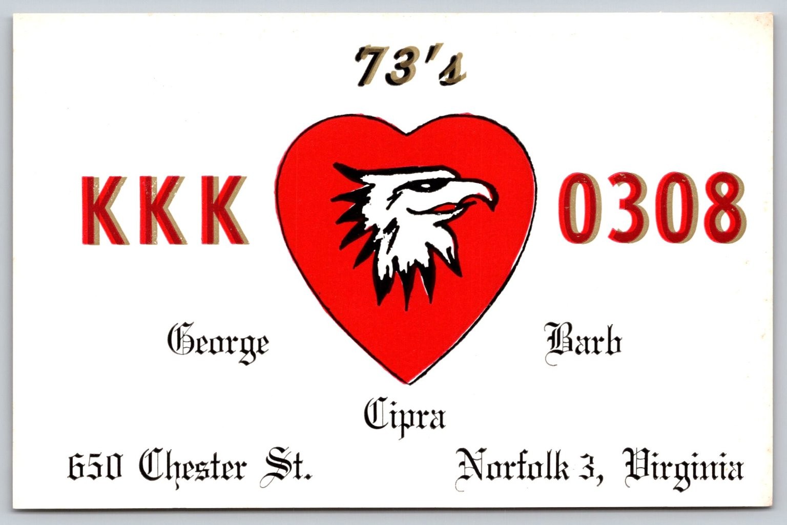 Vintage K4EHO QSL Postcard Norfolk VA 73\'s Eagle Ham Radio KKK Cipra 0308 C18