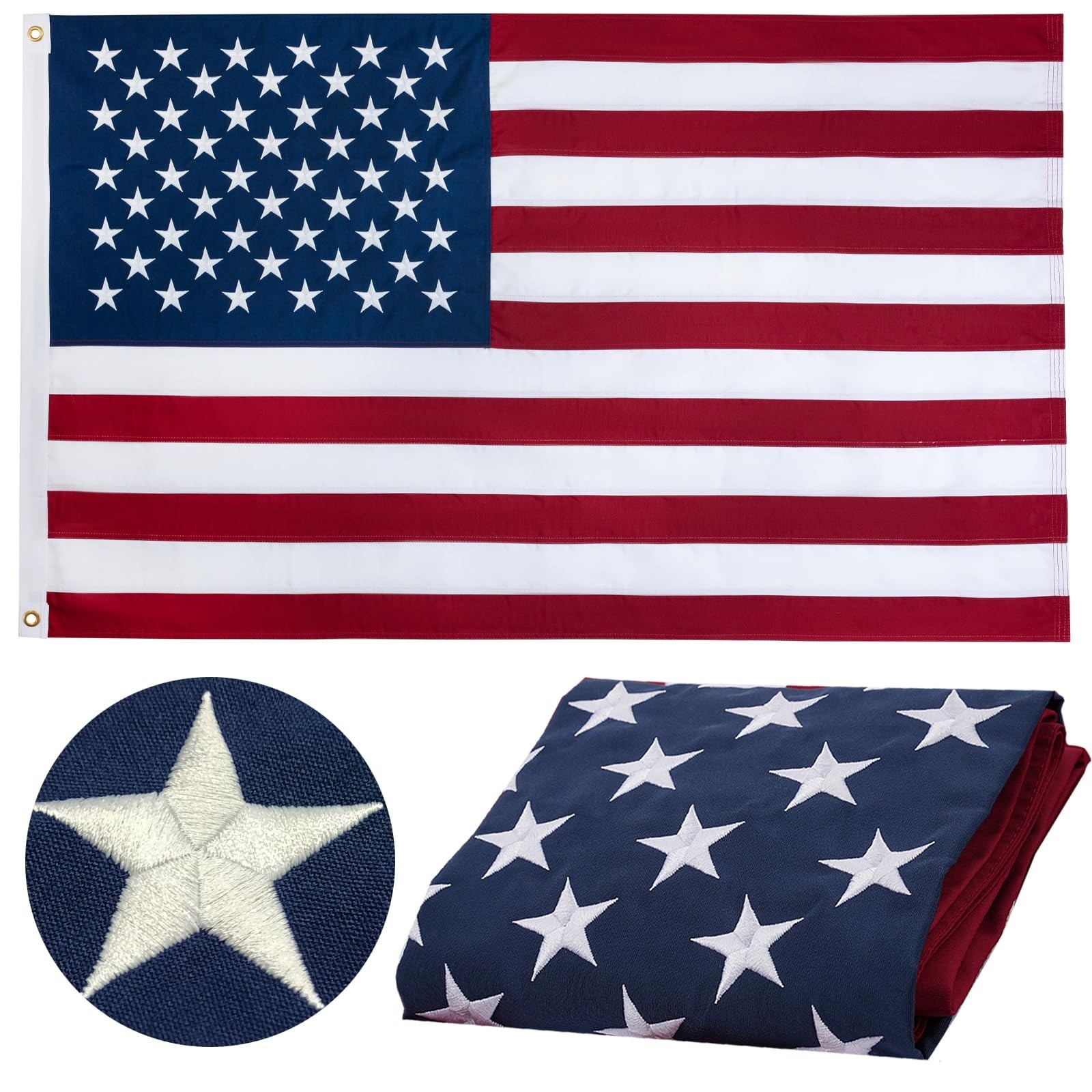 American Flag 5x8 ft 100% Cotton US USA Flag, Heavy Duty Outdoor Embroidered ...