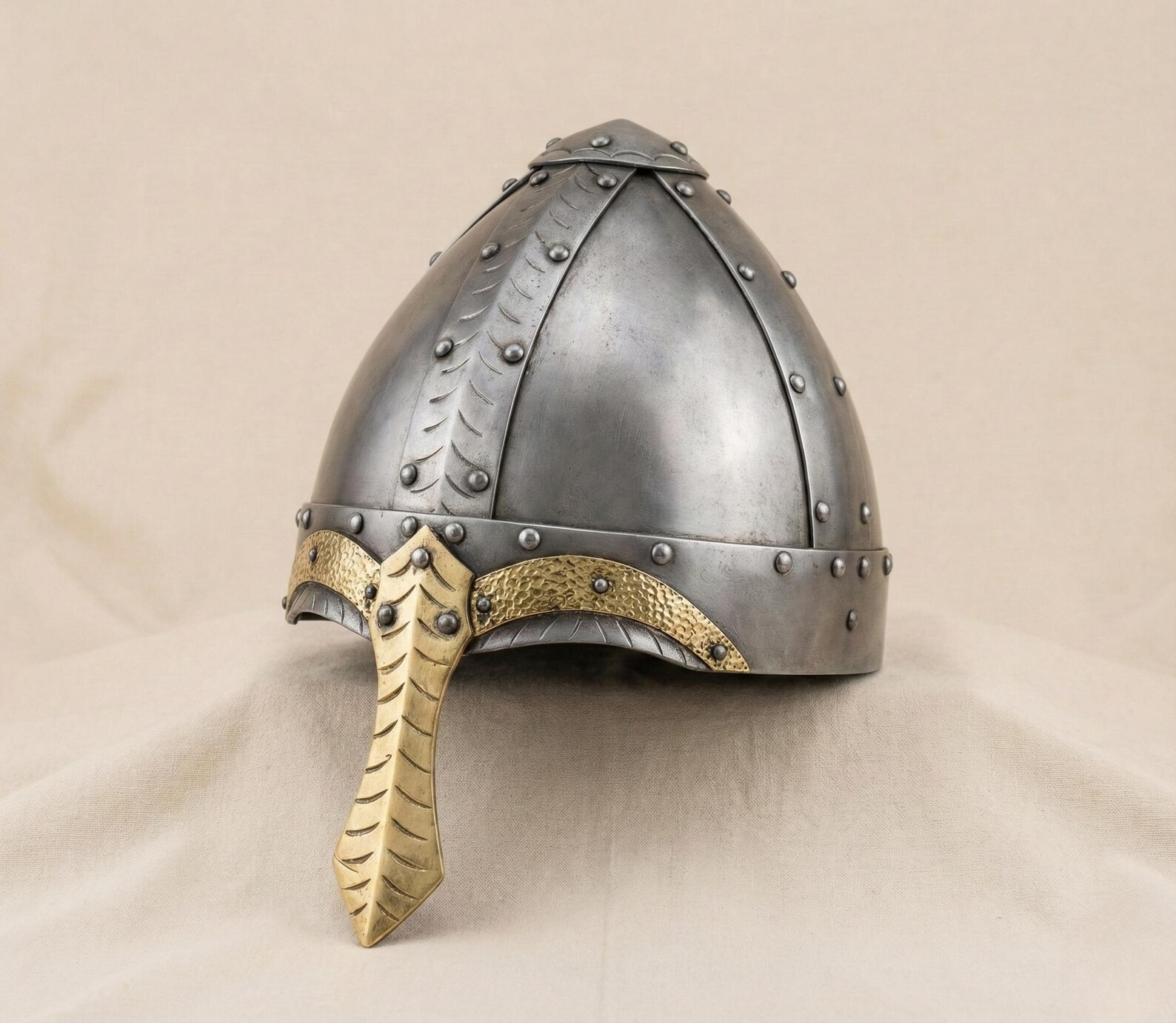 Norman Viking Helmet | Steel Nasal Helmet Brass Accents | Medieval Warrior