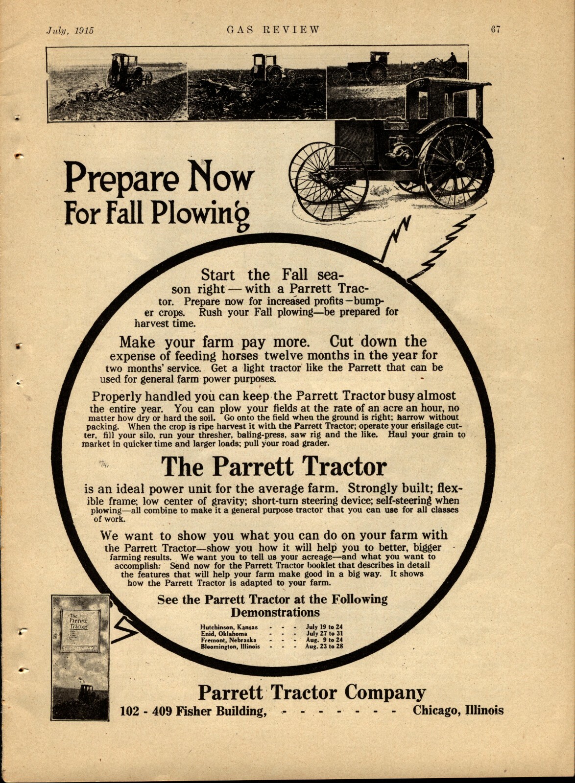 1915 Parrett Tractors Original Advertisement: Chicago, Illinois