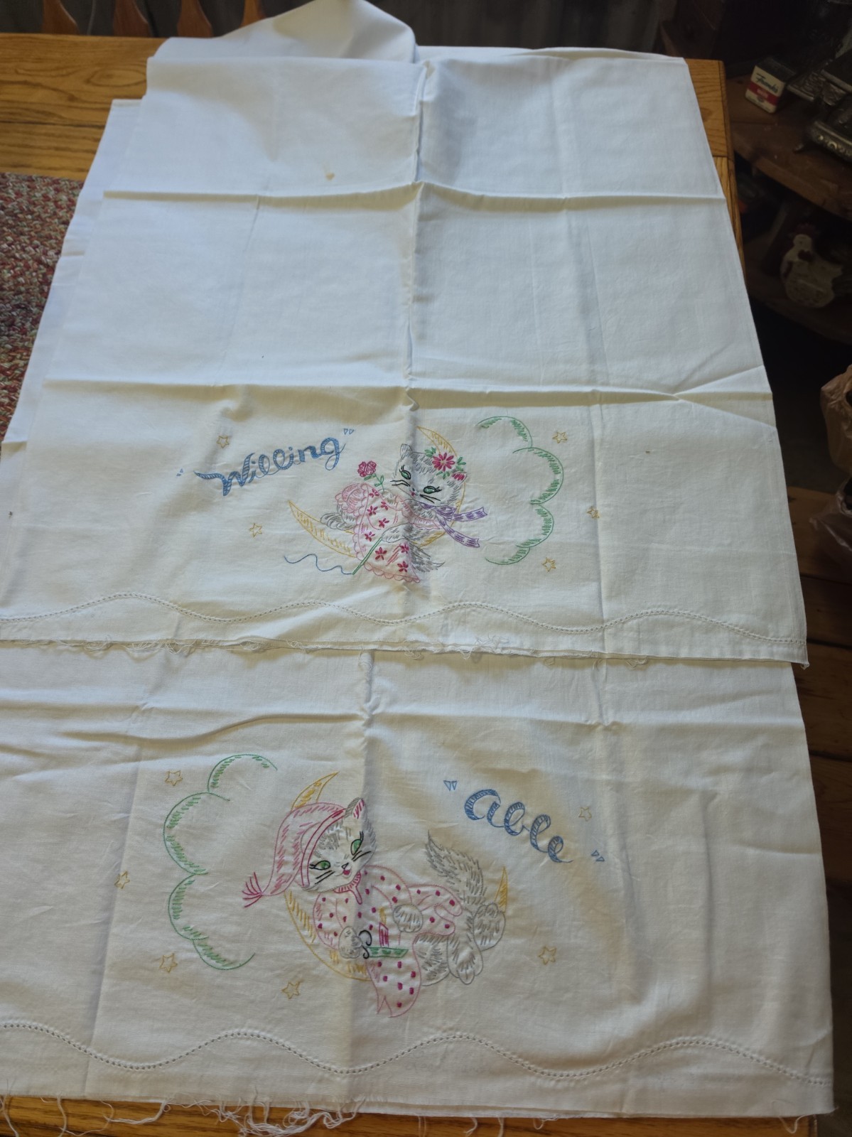 Vintage Hand Embroidered Set Pillowcases Cat Willing And Able