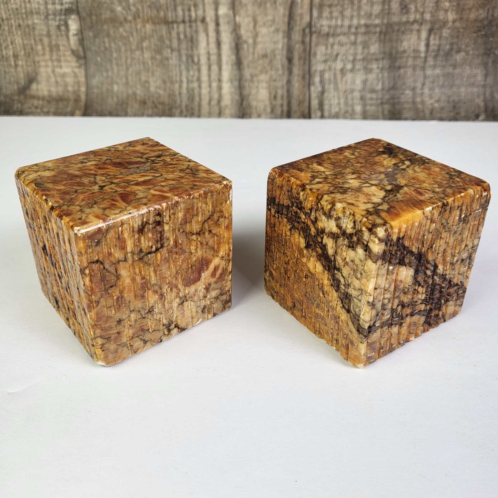 2 Vintage Polished Alabaster Cubes Brown Gold Made Italy