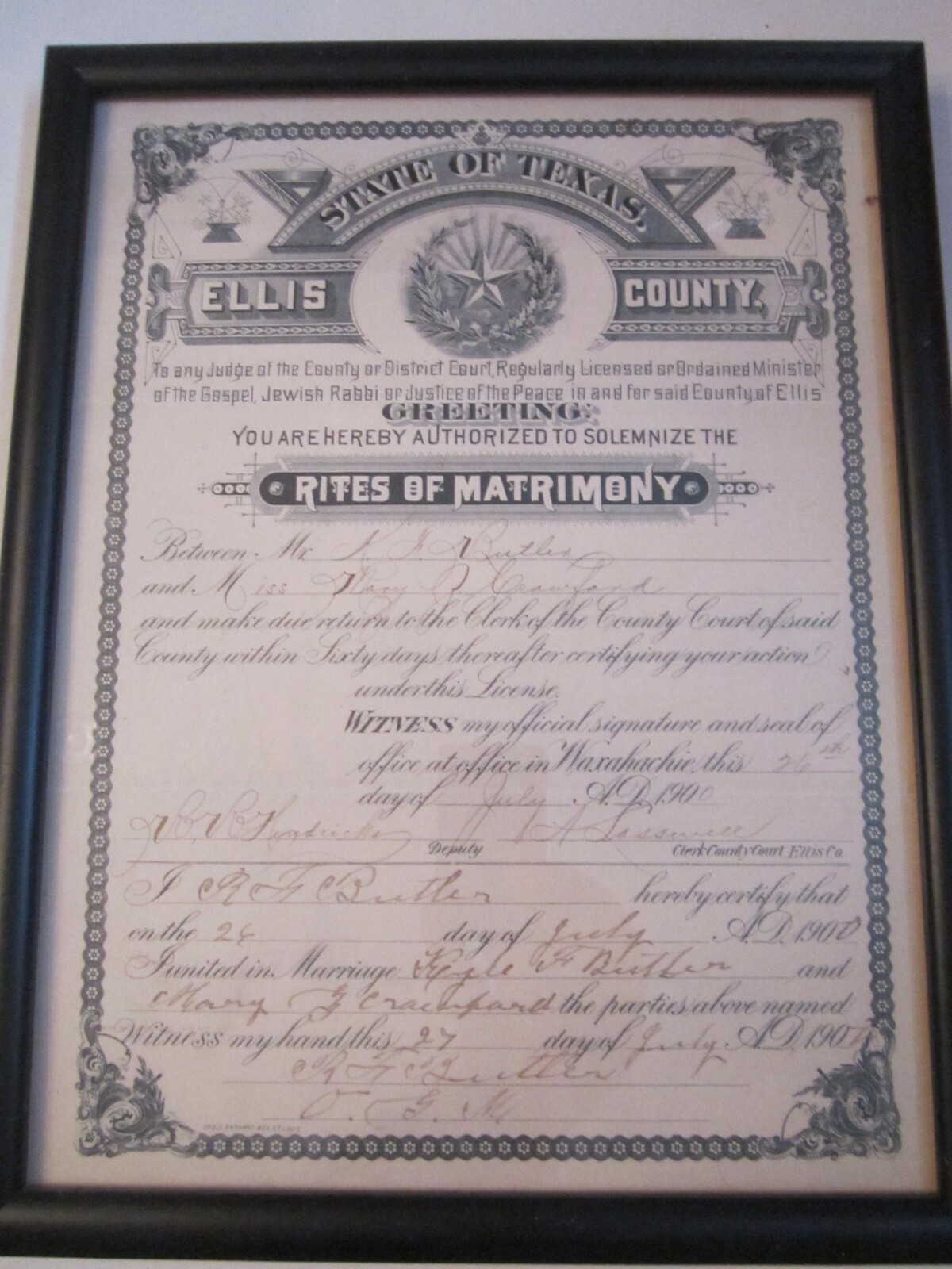 1900 MARRIAGE CERTIFICATE STATE OF TEXAS ELLIS COUNTY FRAMED 12
