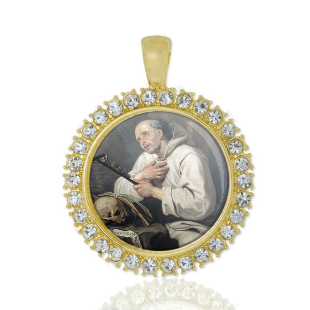 St Bruno Christian Round Medal Gold Tone Pendant with Rhinestones