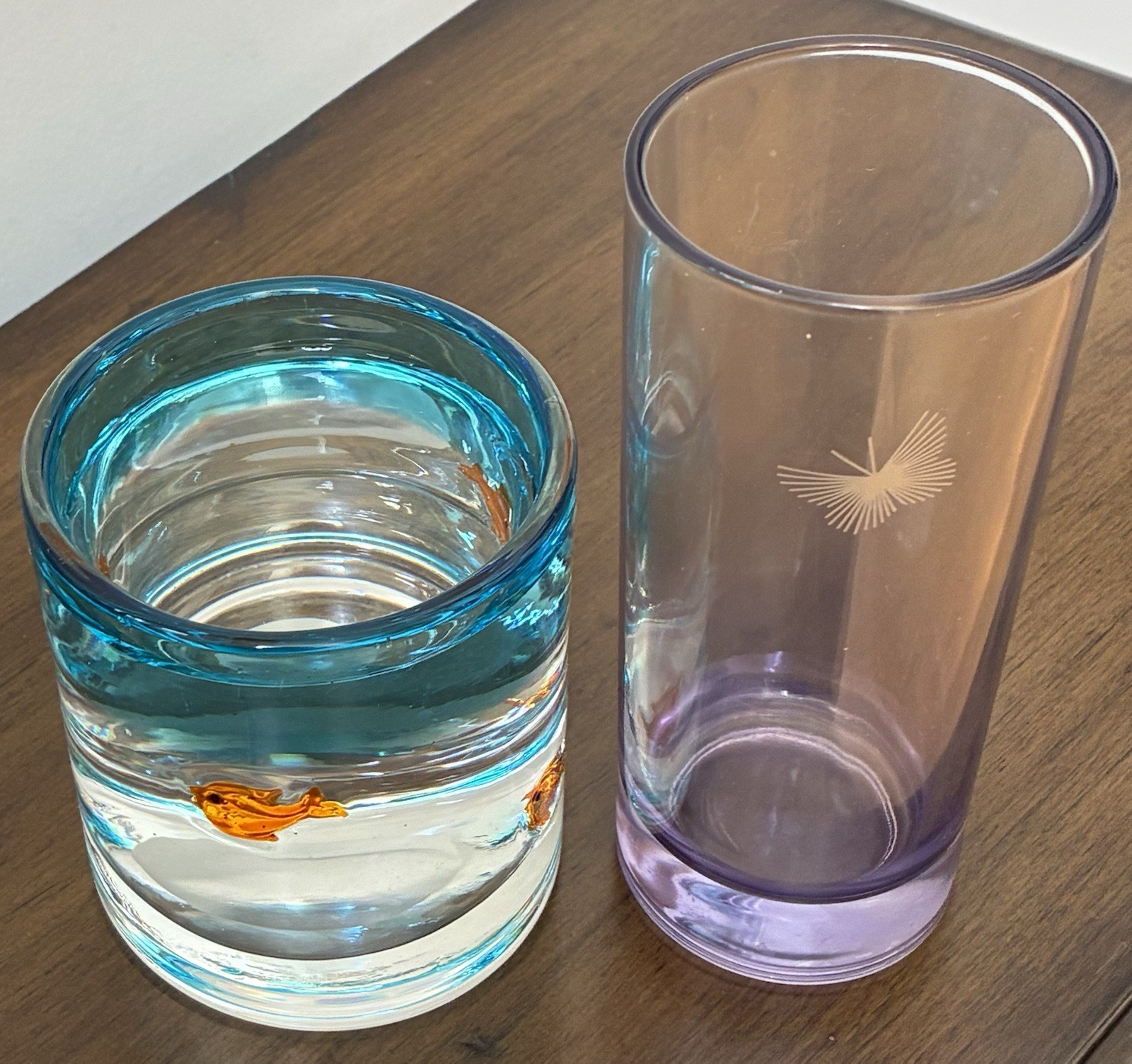2pc VTG Glassware Set Murano Style Gold Fish Tumbler & Butterfly Highball Glass