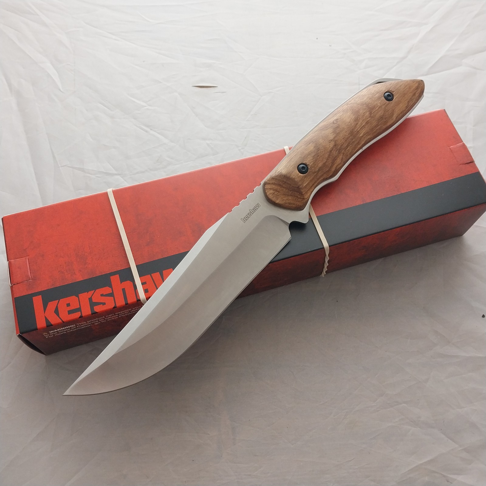 Kershaw Large Hunting Wood Stainless Steel Fixed Blade Knife w/ Sheath 1418