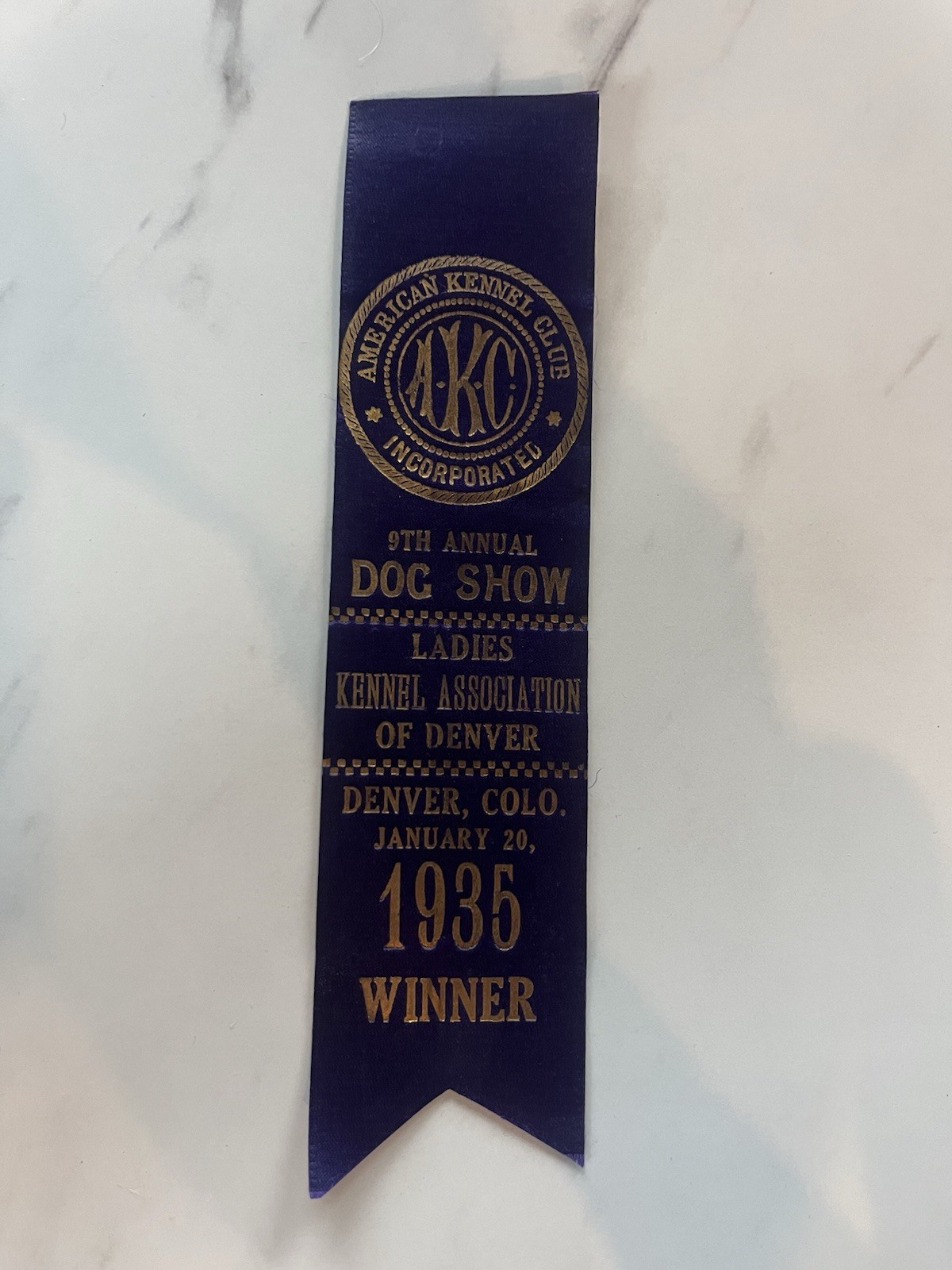 Vintage 1935 AKC Dog Show Ribbon - Ladies Kennel Association Denver Winner