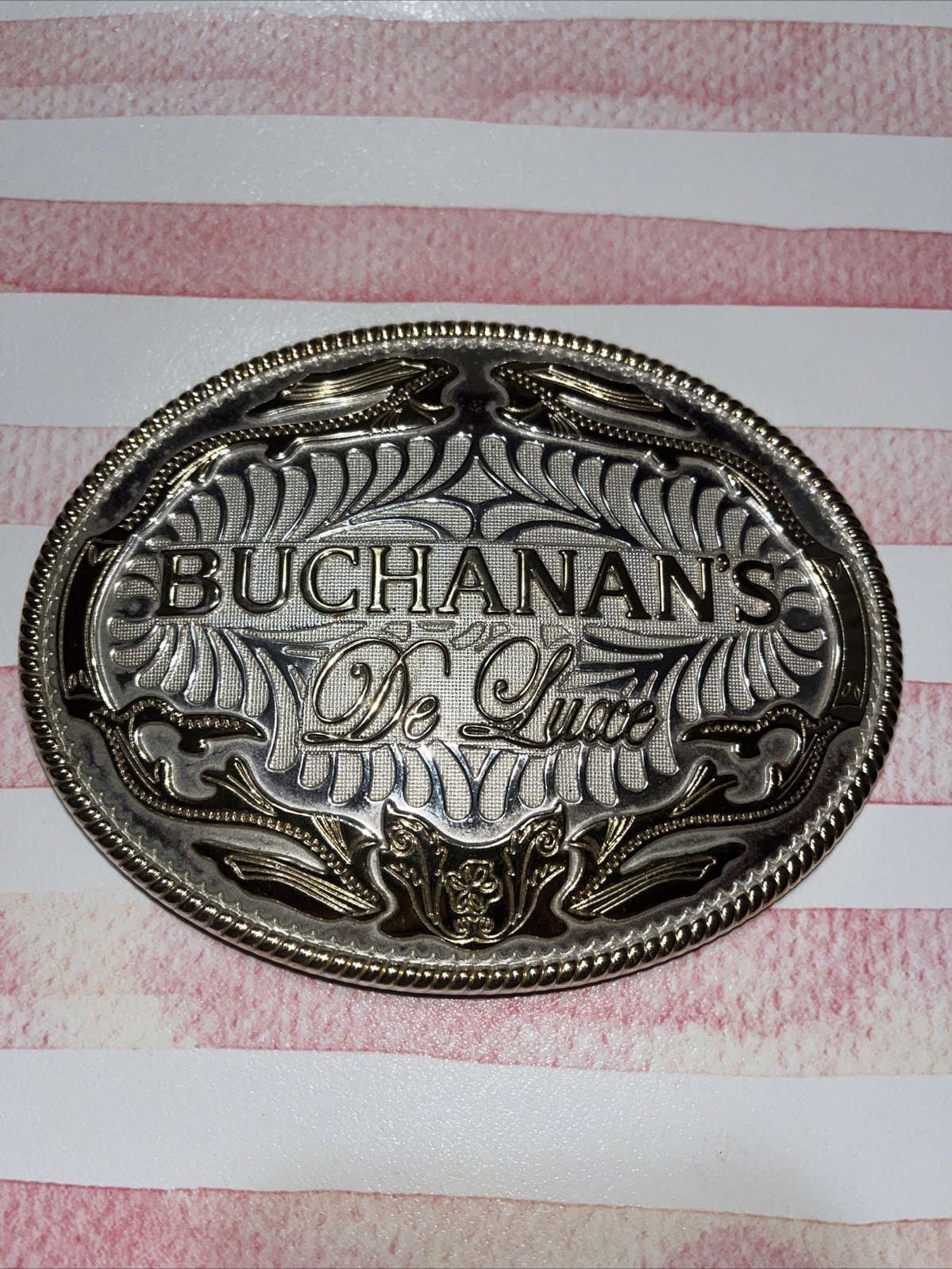 Buchanan’s Deluxe Scotch Whiskey Silver Tone Belt Buckle Western Cowboy Vaquero