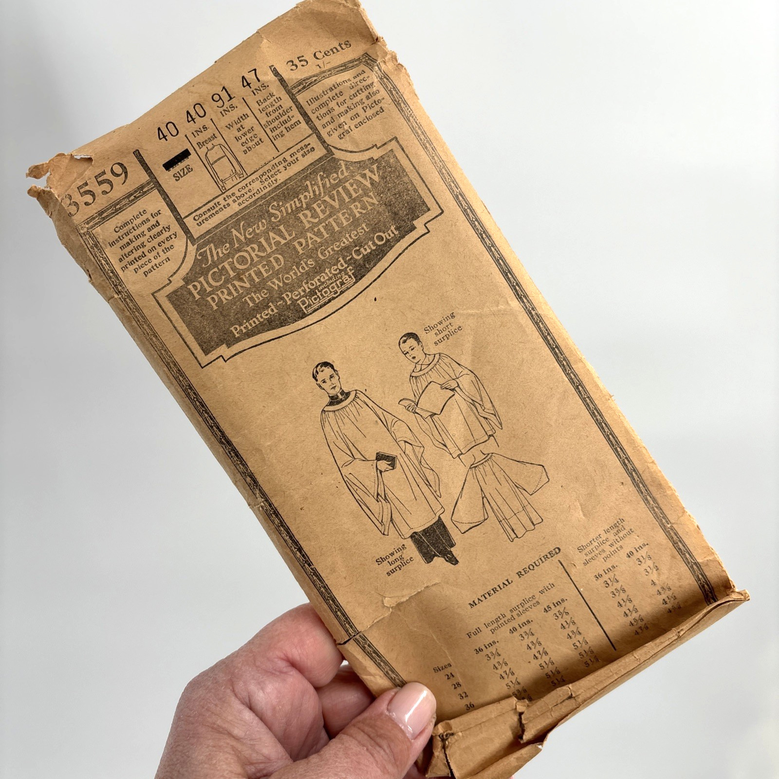 Vtg Pictorial Review Sewing Pattern 3559 Clerical Robe Priest Vestment 1920s
