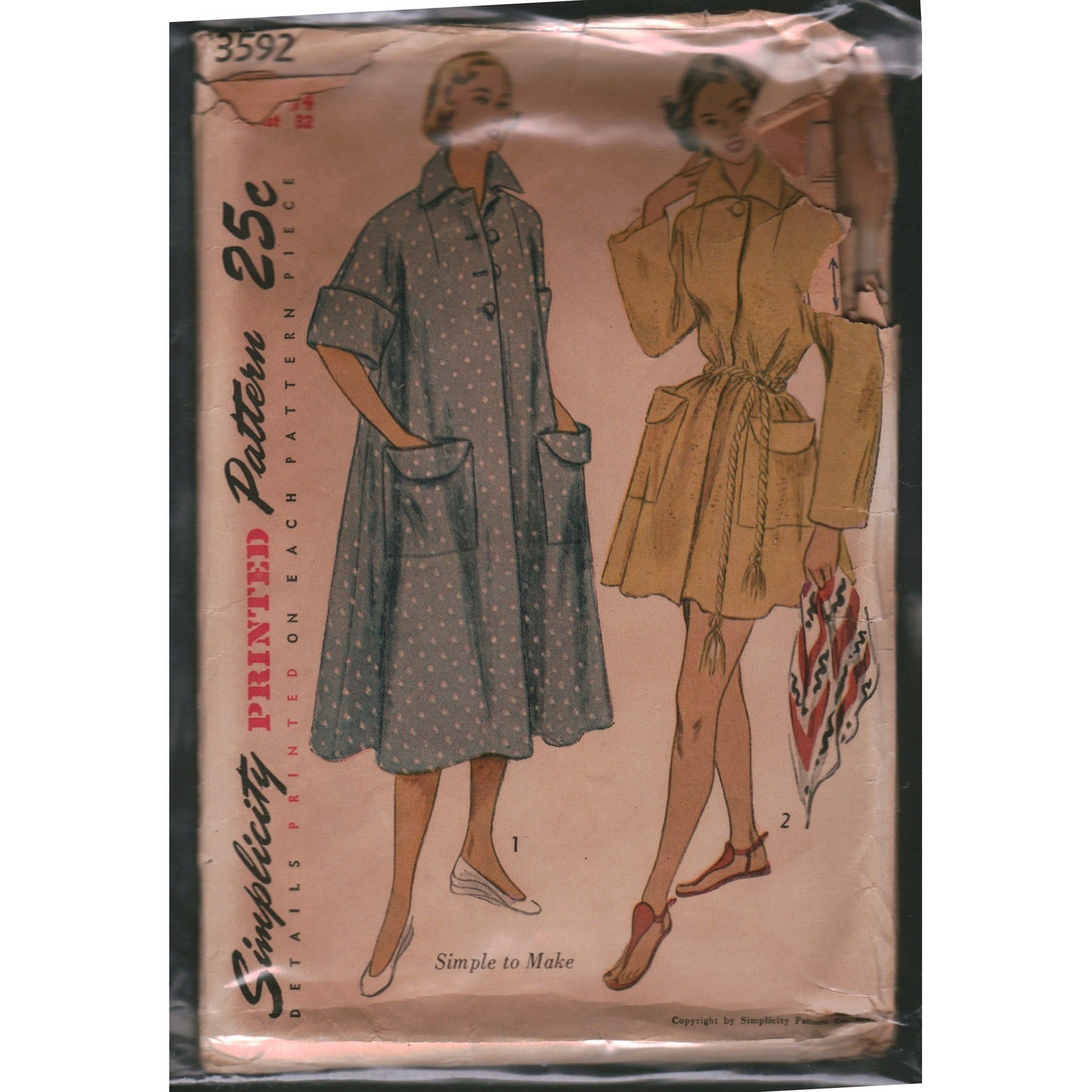 Vintage Simplicity 3592 Misses Robe Sewing Pattern Size 14 Bust 32 1950s MCM