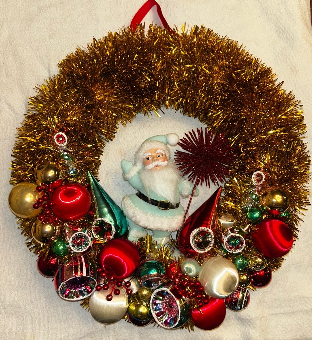 Handmade Vintage Style Gold Tinsel Christmas Wreath with Mint Santa & Ornaments