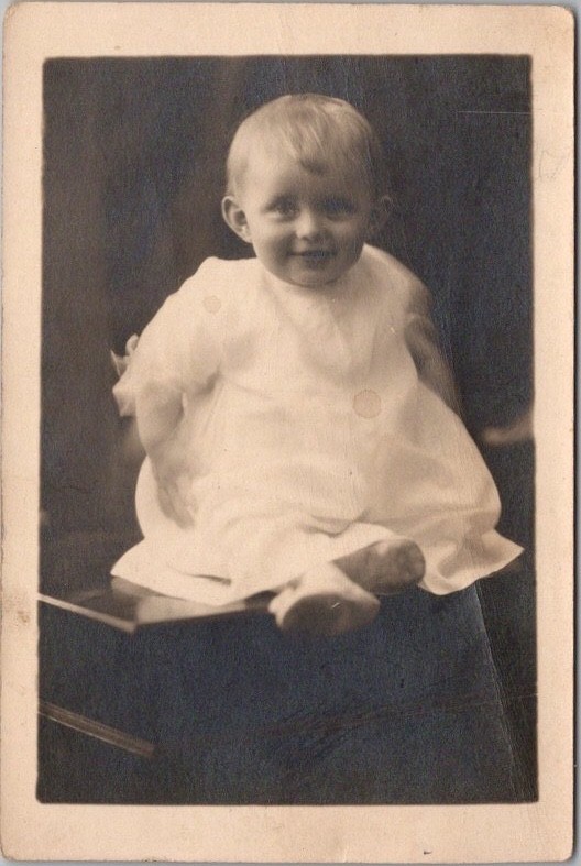 c1910s BURLINGAME Cal. RPPC Postcard Happy Baby in White Gown \