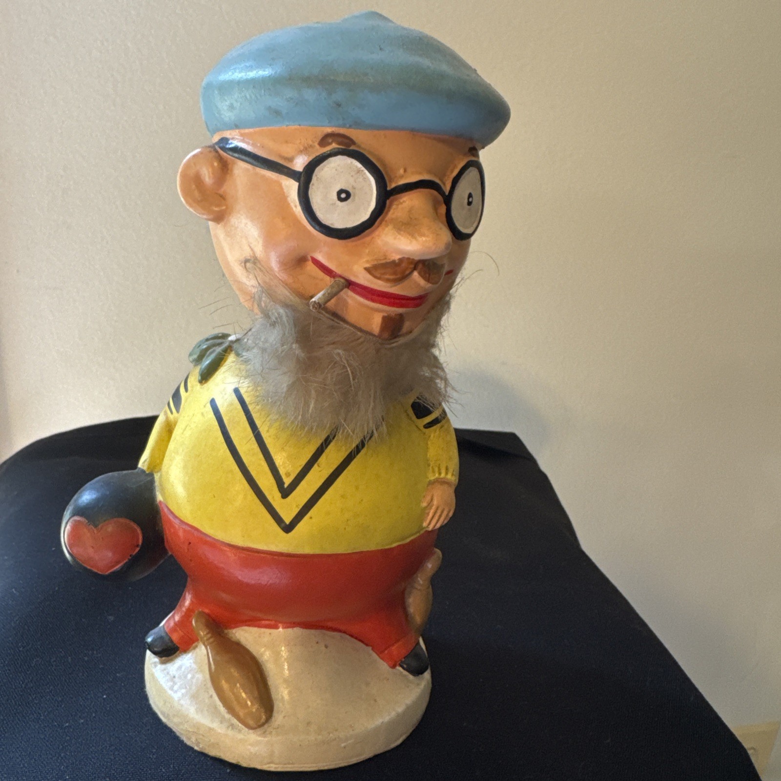 VINTAGE 1960s PAPER MACHE BOWLING BEATNIK FIGURINE COIN BANK NODDER BOBBLE HEAD