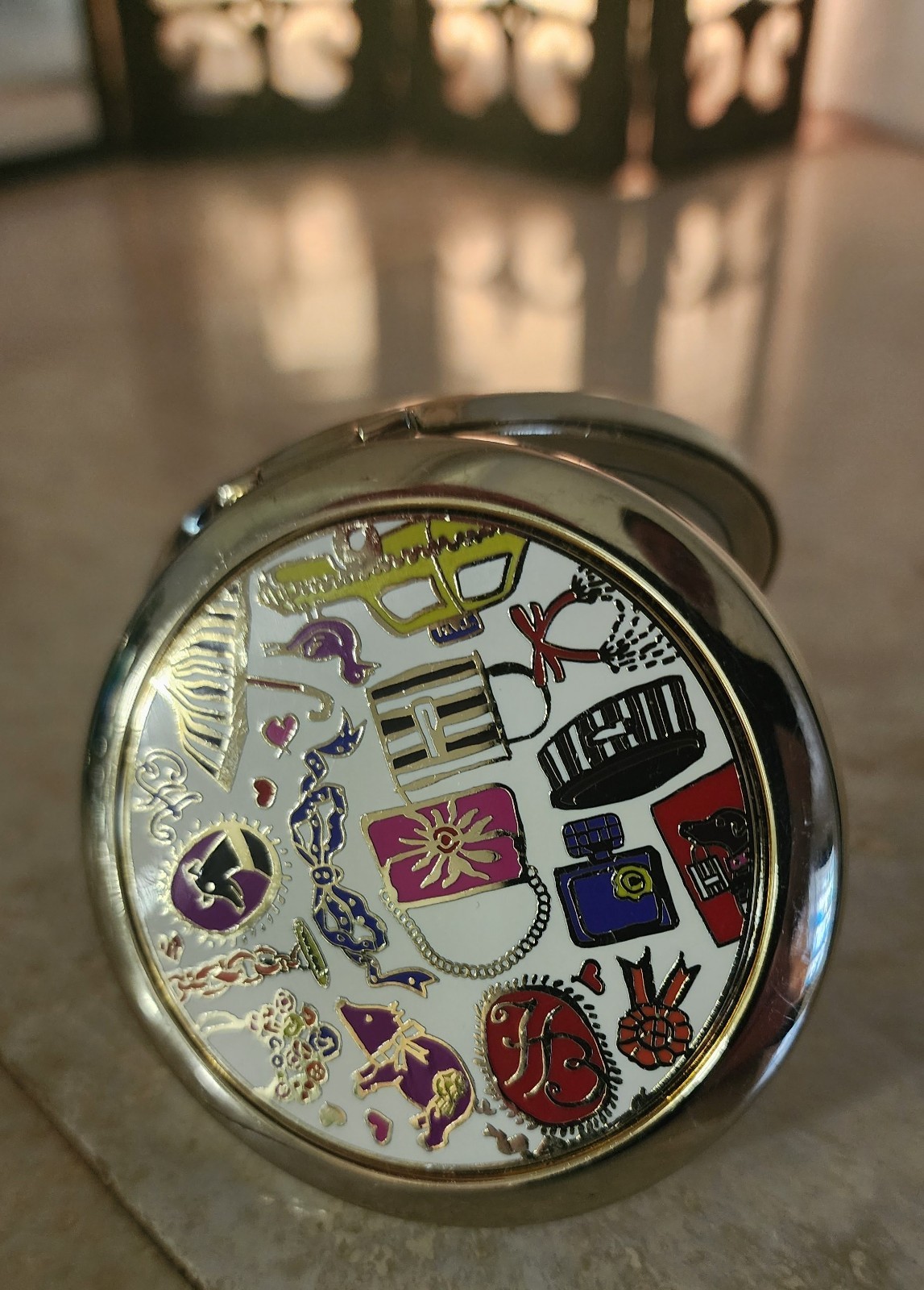 Vintage Henri Bendel New York Enamel Compact Mirror Iconic Collage Vanity