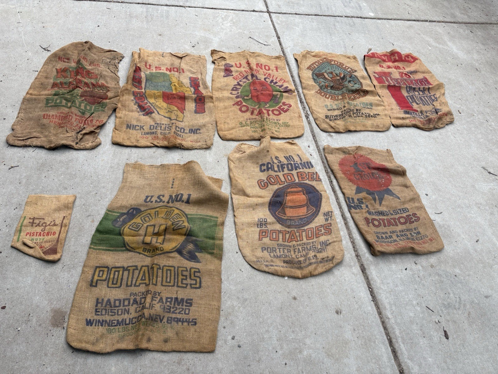 Vintage 100 Pound Potato Burlap Sack Lot Of 8 Crystal Champ More Nice Lot Look