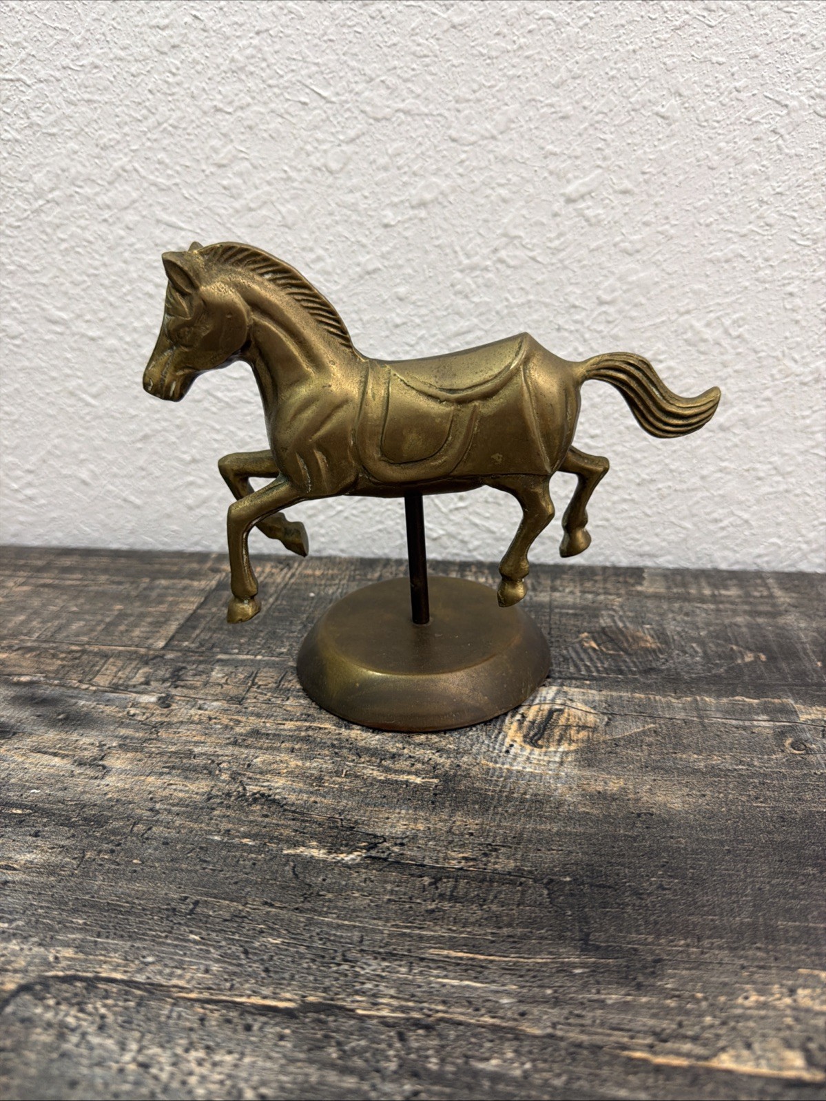 Small Heavy Solid Brass Horse with Saddle Figurine on Pedestal Paperweight