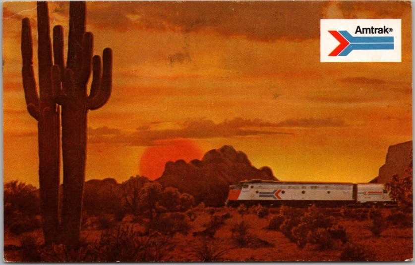 AMTRAK Railroad Advertising Postcard Train / Desert Sunset Scene - 1977 Cancel