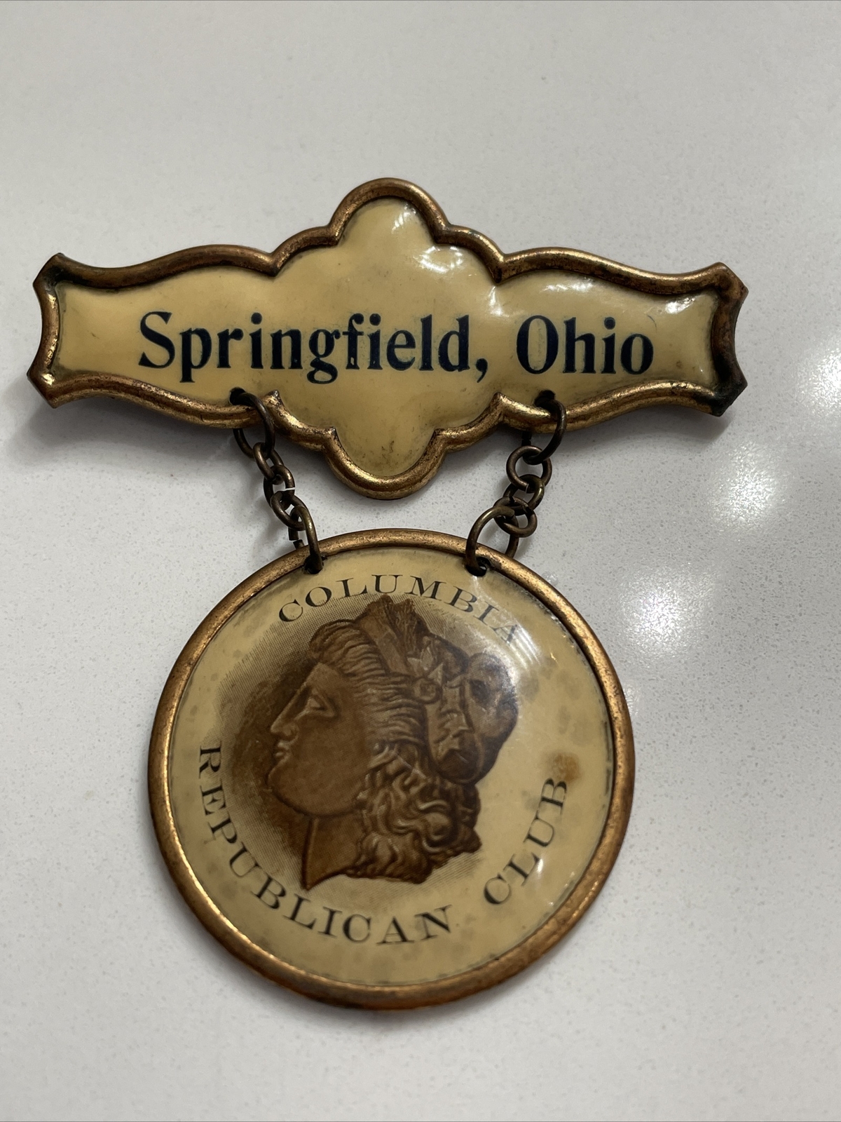 1893 Columbia Republican Club Pin Springfield Ohio Wm McKinley Whitehead Hoag