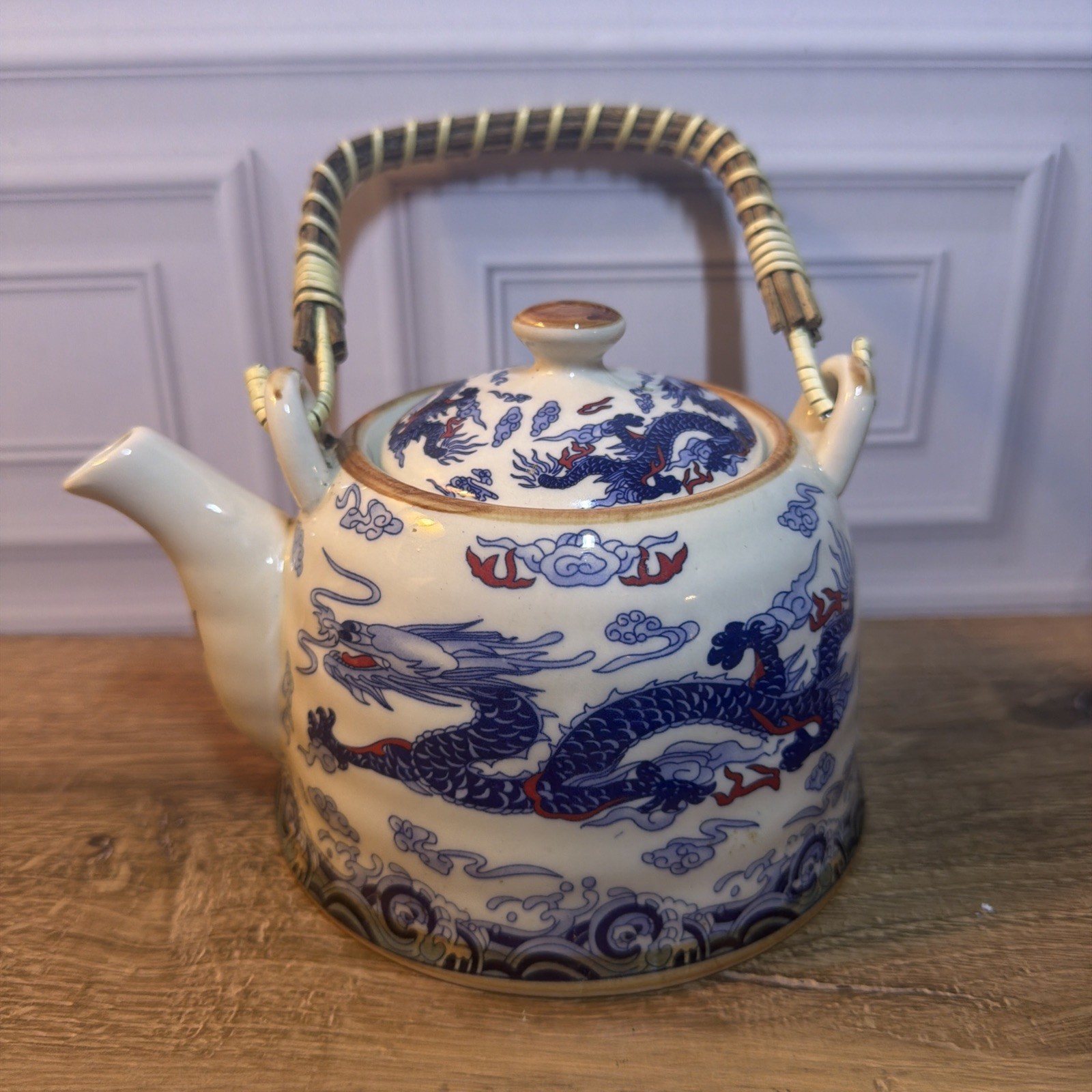 Vintage Chinese Blue White Porcelain Dragon Teapot Rattan Over Top Handle