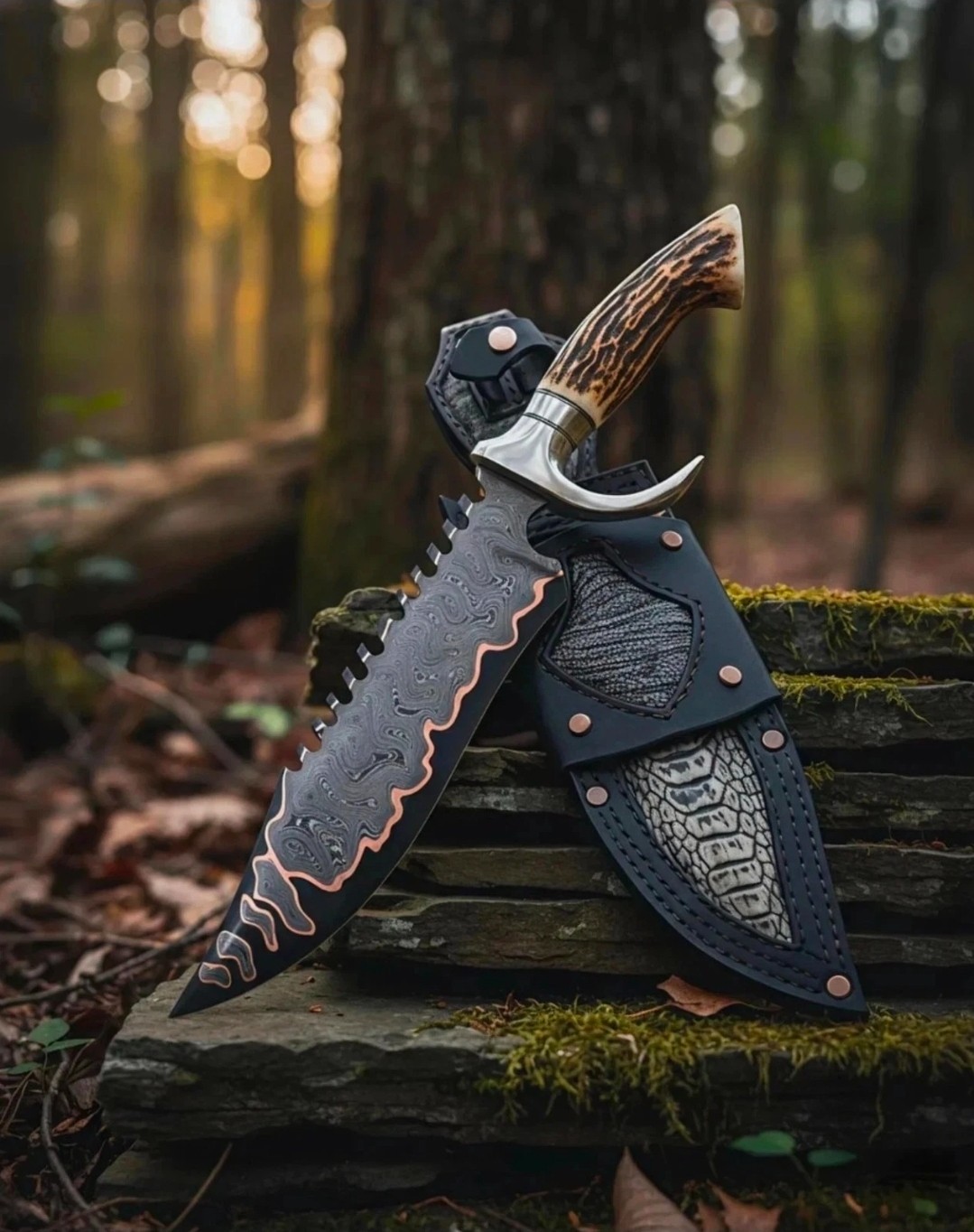 Custom Handmade Damascus Steel Copper Pattern Blade Hunting Stag Knife & Sheath.