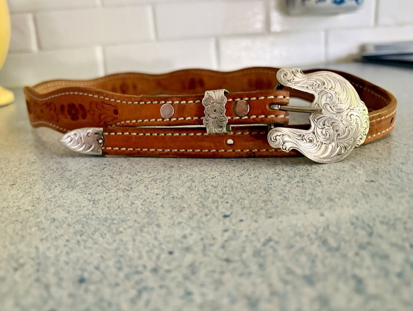 VINTAGE“HAMLEY & Co” Hand Tooled Belt “WAGE” Sterling Silver Overlay 3Pc Buckle