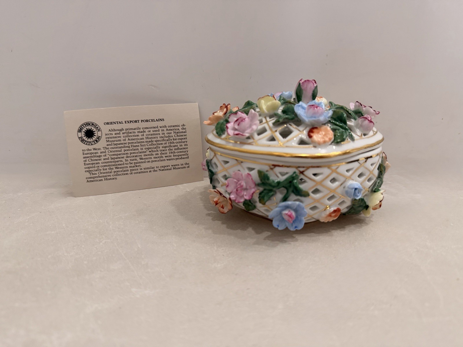 Vintage Porcelain Floral Trinket Box Reticulated Lattice Jewelry Box w/ Card