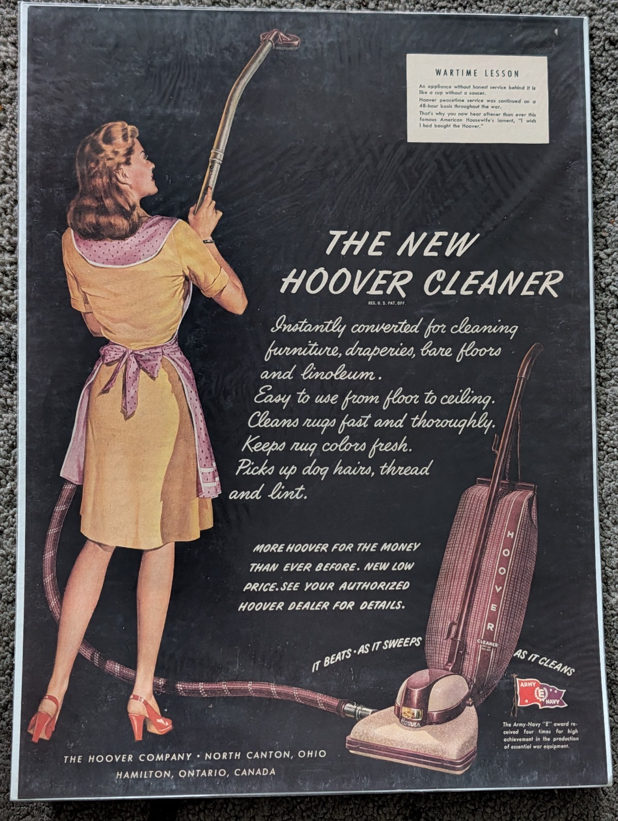 1945 HOOVER VACUUM Large Original Large Vintage Print Ad Housewife WWII Era