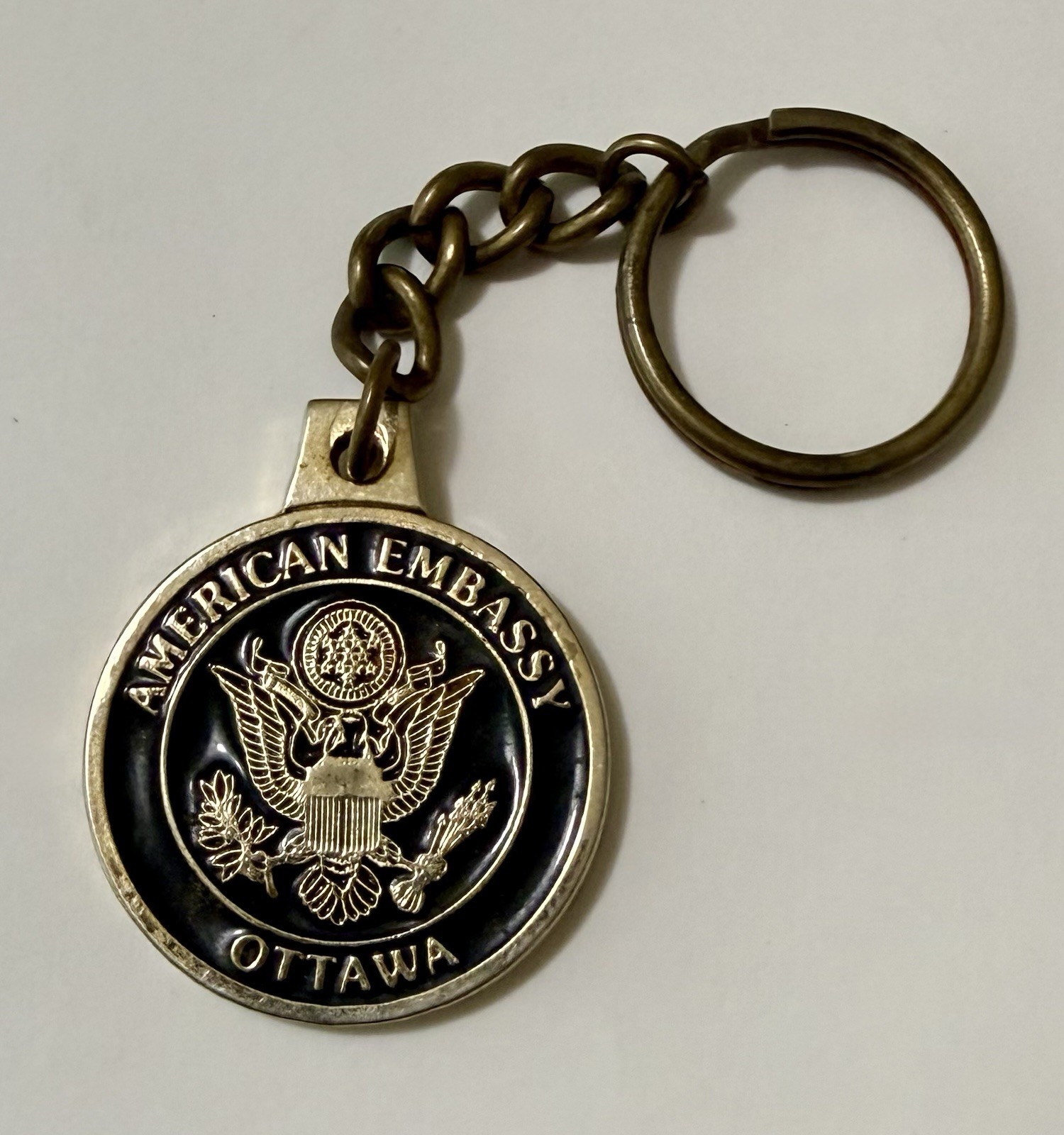 Vintage American Embassy Ottawa Canada U.S. Eagle Seal Black Enamel Fob Keychain
