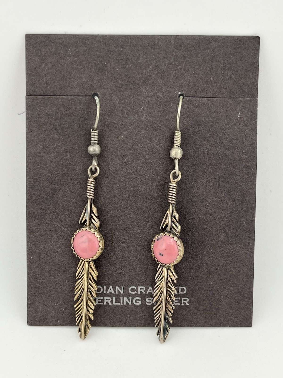 VTG Native American Sterling Silver 925 Pink Stone Feather Hook Earrings