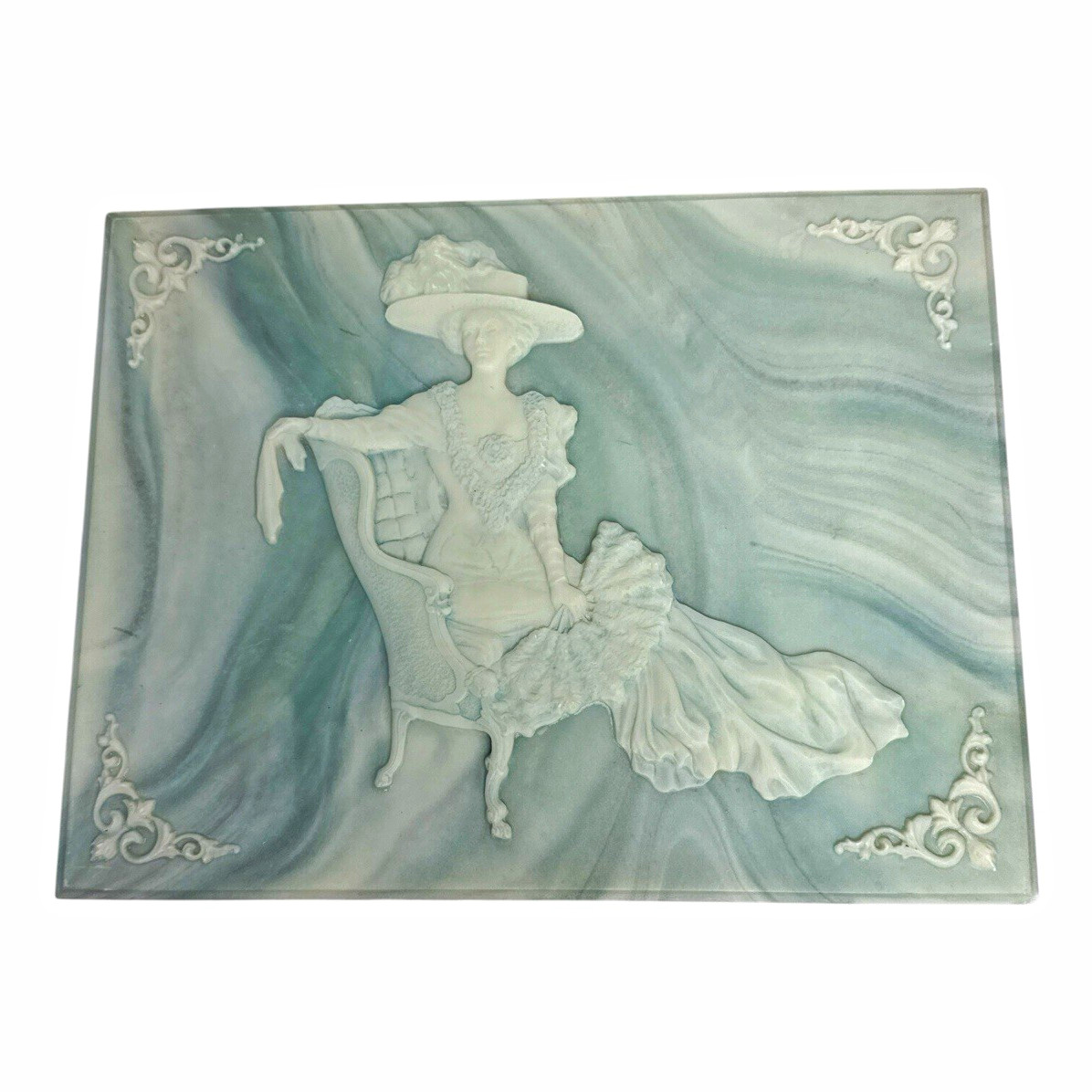 Vintage Incolay Stone Blue and White Relief Jewelry Box with Victorian Lady