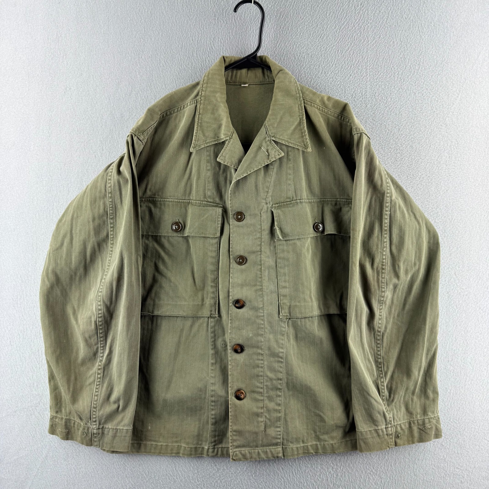 Vintage 40s HBT Jacket Mens 36 (Fits Medum 22.5x28) Gas Flap WWII OD Green Twill